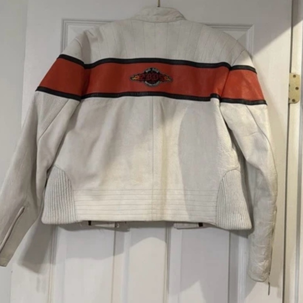 Big Dog Motorcycles Leather Jacket Women’s Cropped Moto Cream Orange BD Patch - Picture 7 of 8